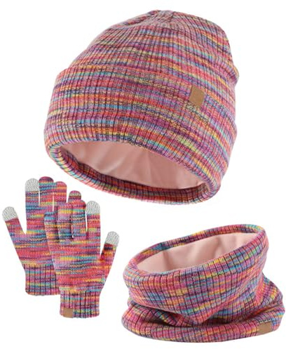 SSKHE Lot de 3 bonnets, écharpes, gants d'hiver chauds et thermiques en tricot pour enfants de 5 à 12 ans - Moufles tactiles - Doublure en polaire douce - Élastique - Pour sports de plein air