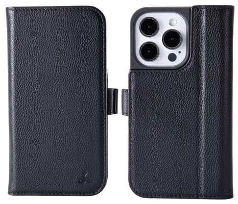 Snakehive Leather Wallet for iPhone 15 Pro - Real Leather Wallet Phone Case with Viewing Stand and Card Holder - Flip Folio Cover with Card Slots (Black - Dappled)