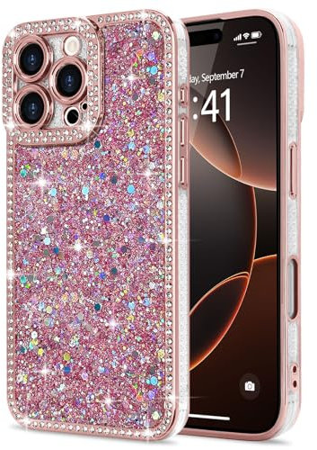 Lafunda for iPhone 16 Pro Case for Womens Girls, Luxury Bling Glitter Diamond Crystal Festival Shiny Case Camera Protection Shockproof Silicone TPU Phone Cover for iPhone 16 Pro 6.3, Pink