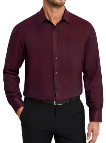 HISDERN Hemden Herren Langarm Bordeaux Herrenhemd Regular Fit Business Hemd für Männer Baumwolle Bügelfrei Formelle mit Tasche Burgunder M