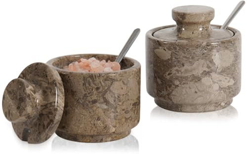 MARBLOUS KRAFTS Salzkeller aus Marmor, 7,6 cm, Ozeanischer Flockensalz-Halter für Arbeitsplatte, Set mit 2 Gewürzboxen, brauner Zuckerbehälter und Zuckerdose mit Deckel und Löffel, perfekt für die