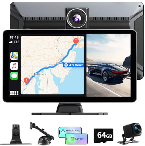 Radio Coche Bluetooth de Carplay Android Auto Inalambrico, 9 Pulgadas Pantalla Coche con Dashcam 4K/Cámara Trasera HD 1080P/FM/AUX/64G TF/Mirror Link/Control por Voz/Navegación GPS