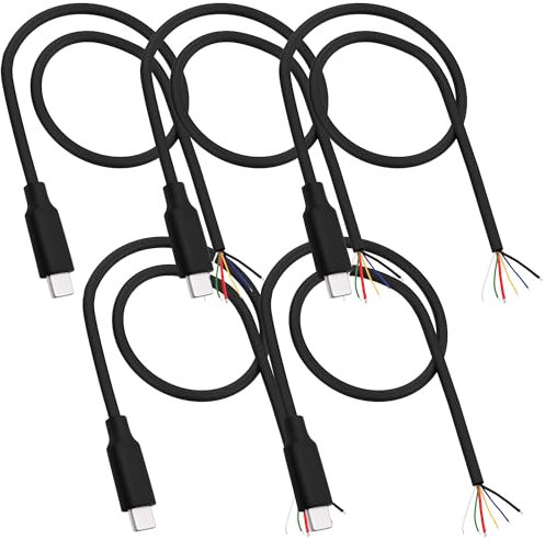 YARCHONN USB Type-C 6 Pin Pigtail Cable, USB C Male Plug to 6 Cores Bare Wire Open End Power Data Cable 5A OTG for DIY Repair- 5Pcs-30cm/11.8in (6 Pin)