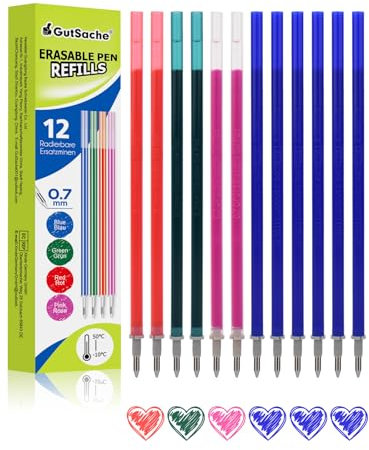 GutSache 12x Recambios Compatible con Legami Bolígrafos [6 Azules, 2 Rojos, 2 Verdes, 2 Rosas], Altura 13 cm, Punta 0,7 mm, Tinta Termosensible, Recambio para Bolígrafo de gel Borrable