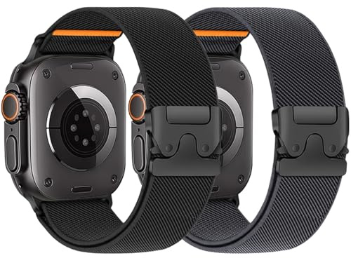 2 Pack Stretchy Nylon Straps for Apple Watch Ultra/3/2 Strap 49mm 46mm 45mm 44mm 42mm 41mm 40mm 38mm Men Women,Magnetic Elastic Fabric &Braided Loop Band for iWatch Series 11 10 9 8 7 6 5 4 3 SE 3/2nd