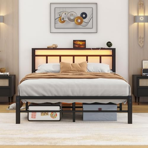 HOMERECOMMEND Bett 120x200 mit LED Beleuchtung Bettrahmenaus Metall,Schwarz | 1 AC-Steckdosen 2 USB-Anschlüsse,Metallbett 120x200 mit Kopfteil Bettgestell mit Lattenrost und Stauraum unter dem Bett,