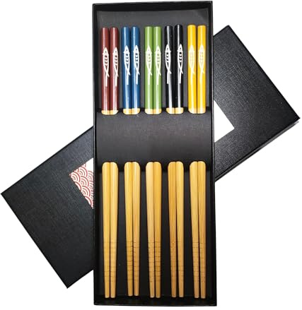 5 Pairs Premium Bamboo Chopsticks Gift Set - Japanese Chinese Style Chopsticks with Elegant Gift Box for Noodles, Sushi, Asian Dining & Housewarming