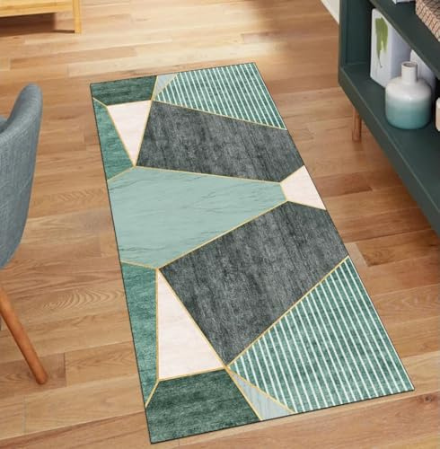 QQrunner Teppich Läufer Flur 80x200CM Grün Küchenteppich rutschfest Meterware Patchwork Teppichläufer Waschbar Lang Korridor Polyester Wohnzimmer Schmutzfangmatte