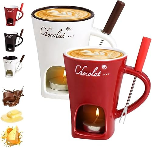 Chocolate Fondue Mug with Forks, Chocolate Melting Cup, Ceramic Butter Warmers Pot Set, Personal Cheese Melting Cup, Fondue Heated with a Tealight, Warmer Mug for Candy Snack Caramel Party (Red+Beige)