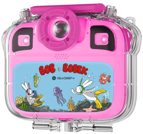 GOGEN Aqua Foto Kinderkamera I 12 MP I Full HD Video I wasserdichtes Gehäuse IP68 I Selfie-Kamera I USB‑C Ladung I Micro SD bis 32 GB I Pink