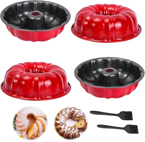BOJVESH 4 Pcs Non‑Stick Bundt Cake Pan Set, 24cm Pumpkin Ring Cake Moulds, Carbon Steel Baking Tins with 2 Silicone Basting Brushes, Oven Safe for Home Baking, Christmas, Gugelhupf