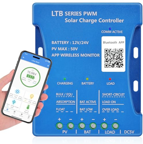【30A Bluetooth APP Solar Charger Controller】KWODE 30A 12V/24V PV:50V Intelligent Solar Controllers Solar Panel Controller Bluetooth PV Charger Controllers PWM for Lead Acid, LiFePO4, Lithium Batteries