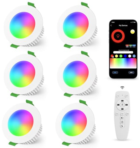 YindaLux LED Einbaustrahler RGB, App & Fernbedienung, Dimmbar, 6er Weiß | IP44 Wasserdicht, 5W 500LM Deckenspots, 2700K-6500K, 65-80mm, Smart LED Spots Warm bis Kaltweiss für Wohnzimmer, Badezimmer
