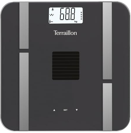 TERRAILLON - Sun Power Fit – Elektronische Personenwaage, Impedanzmesser, Solarenergie und künstliches Licht, ohne Batterien, Kapazität 180 kg, Skala 100 g, LCD-Display, Glasplatte, Grau