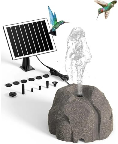 Realistische Solar Vogeltränke Solar Springbrunnen, Granit Optik Kunstharz Brunnen mit 10 Düsen, Solarbrunnen für Garten, Teich oder Vogelbad, Outdoor Solar Gartenbrunnen mit Akku Option (Set A)