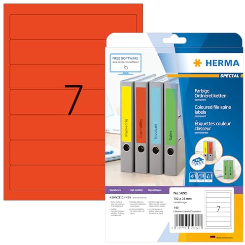 HERMA 5092 Ordnerrücken Etiketten kurz schmal, 20 Blatt, 192 x 38 mm, 7 pro A4 Bogen, 140 Stück, selbstklebend, bedruckbar, blickdicht, blanko Papier Ordneretiketten Rückenschilder Aufkleber, rot