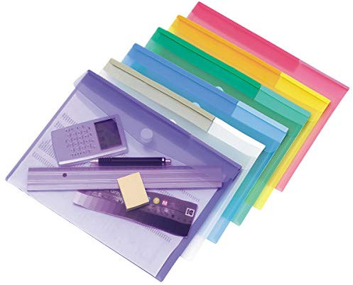 Djois made by Tarifold 12 Enveloppes Porte-documents Plastique Fermeture Scratch Format A4-6 couleurs x2 (Bleu, Violet, Vert, Jaune, Rose, Transparent) - 510209