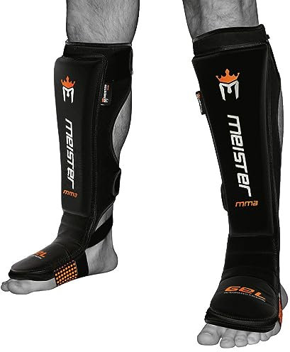 Meister MMA Edge Schienbeinschoner aus Leder mit Gelpolsterung, Schwarz, Größe S/M, 1 Paar