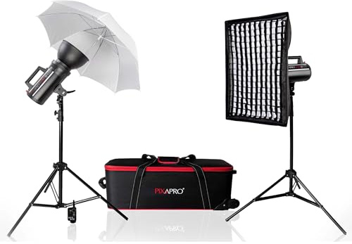 Pixapro LUMI400 II 400Ws Compact Strobe Light for Photography Lighting, 5600K Home Studio Flash with Bowens Mount, Fast Recycling Time and Wireless Remote (With Softbox, Trigger and Umbrellas)