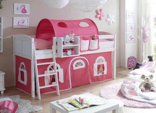 Hochbett Spielbett Eric Landhaus Kiefer massiv Weiss, Vorhangstoff:Rosa Weiss