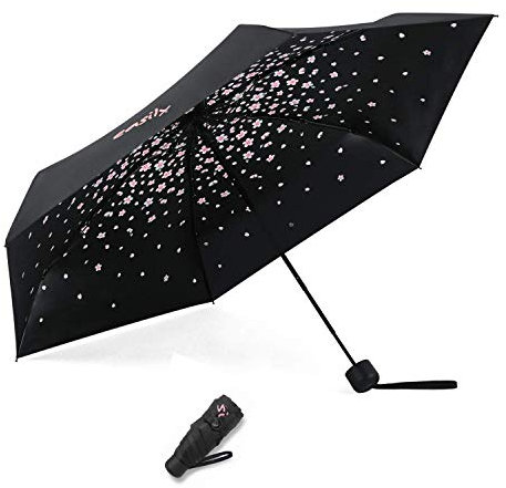 Meiyijia Kompakt und faltbar, UV-Schutz, tragbar von Voy, Mini Lady Regenschirm – manueller Schalter – Schwarz – Kirschblütenmotiv – auseinandergeklappt 90 cm, 90 cm, Kirschblüte Motiv