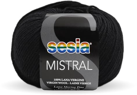 SESIA filato MISTRAL 50gr 175 mt 100% lana merino fine ferri 3 3,5 lavabile in lavatrice (0067 Nero, 1 Gomitolo)
