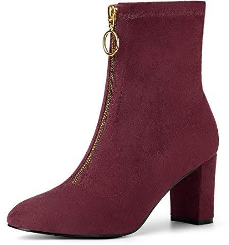 Allegra K Damen-Stiefeletten mit klobigem Absatz und Reißverschluss vorne Burgundy 36