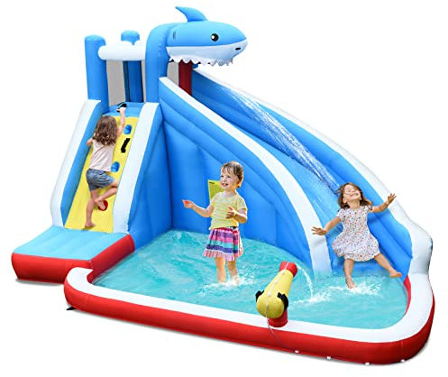 GYMAX Inflatable Water Park with Slide, Pool Area, Climbing Wall and Water Gun, Bouncy Castle Bounce House Kids Activity Center, Including Carry Bag, Repairing Patches and Stake (without Air Blower)