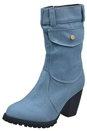 Stivali da Neve Donna Scarpe Stivaletti Invernali Outdoor Stile Grande Tacco Alto in Denim a Tubo Medio (37,Azzurro)