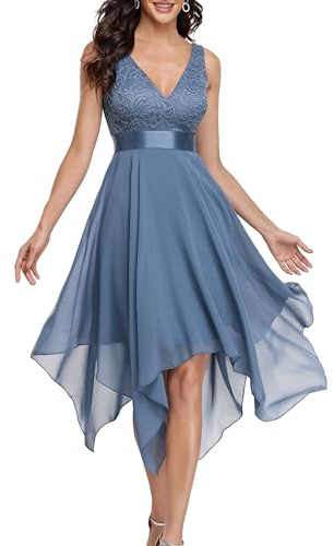 Ever-Pretty Women's Sleeveless V Neck Empire Waist A Line Lace Chiffon Knee Length Cocktail Evening Dresses with Asymmetry Hem Denim Blue 14UK