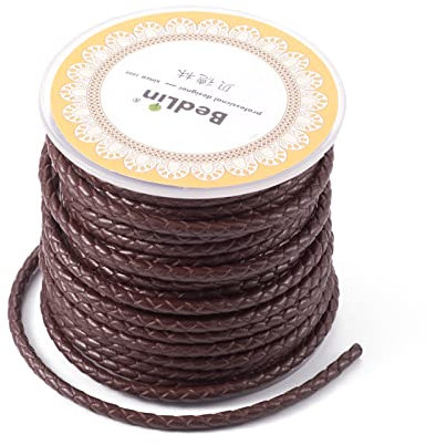 PandaHall Cordon en cuir véritable tressé rond pour la fabrication de bracelets, colliers et bijoux Marron coco 3 mm x 8 m