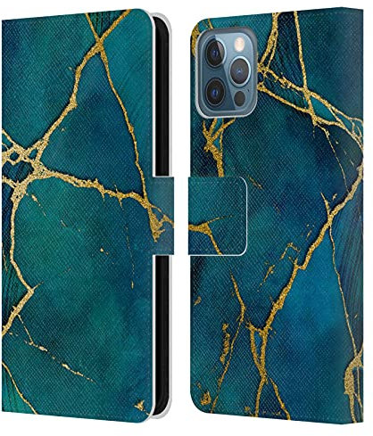Head Case Designs Offizielle LebensArt Blau und Gold Mineralischer Marmor Leder-Wallet-Hülle Kompatibel mit Apple iPhone 12 / iPhone 12 Pro