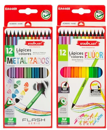 Starplast 24 LÁPICES DE COLORES METALIZADOS Y FLÚOR Set de 12 lápices de colores metalizados y 12 colores flúor, para dibujo artístico, para colorear. Uso escolar y artístico.