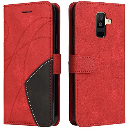Fatcatparadise Coque pour Samsung Galaxy A6 Plus 2018, Etui en Cuir PU Portefeuille Housse Fermeture Magnétique und Flip Protection Case avec Antichoc TPU, Etui à Rabat, Fentes pour Cartes (Rouge)
