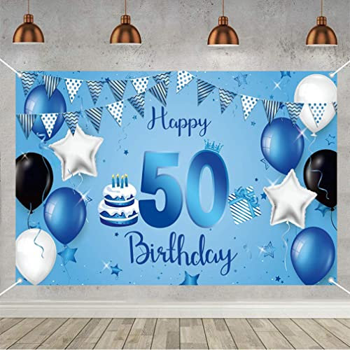 Tecreo 50. Geburtstag Banner für Mann / Frau 50 Geburtstagsfeier Deko, Stoff Schild Poster Unisex 50. Jahrestag Party Hintergrund Banner Blau Wand / Garten Dekoration Plakat