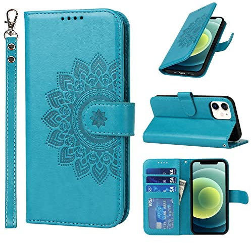 ELTEKER Handyhülle iPhone 12 mini Hülle, [3 Kartenfächer] [Magnet Verschluss] Leder Eleganter Prägung Schutzhülle Klapphülle für iPhone 12 mini, Blau