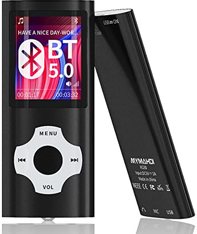 MYMAHDI - Lettore MP3 da 64 GB con Bluetooth 5.0, musica senza perdite, suono Hi-Fi, supporta fino a 128 GB, mini design con radio FM, registratore, e-book, orologio, browser