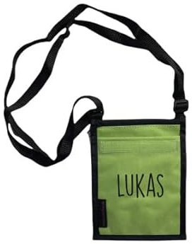 Brustbeutel mit Namen Bedruckt | personalisierbare Brusttasche 17x13 cm | zum Umhängen mit Klarsichtfenster für Schülerausweis Buskarte (grün)