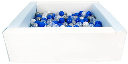 Velinda Bällebad Bällepool Bällebecken Spielbecken Kinderpool quadratisch 200 Bälle (Farbe des Pools/der Bälle: weiß, blau (Pastell)/perlweiß, transparent, blau, silberfarben)