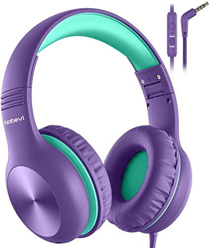 Nabevi Kids Headphones, Childrens Headphones with Microphone, 85/94dB Volume Limit, HD Sound, Sharing Function, Wired Headphone for Kids Boys Girls, Toddler Headphone for School/Travel/Tablet, Purple