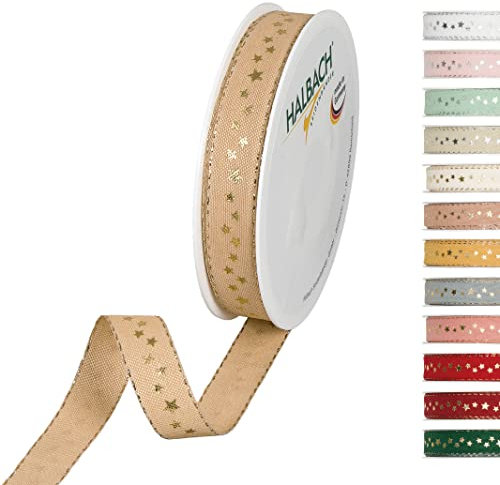 Halbach Seidenbänder 295 Sterne Geschenkband Weihnachten, Polyester, Natur, 1.5 cm