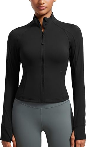 CRZ YOGA Damen Butterluxe Full Zipper Sport Jacke Zip Tasche Crop Running Laufjacke Gym Langarmshirt Sweatjacke mit Daumenloch Schwarz 36
