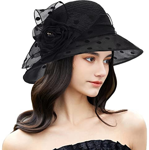 Dots-Organza Flower Lace Sombrero de sol de ala ancha para mujer, sombrero de paja francés, sombrero de fiesta nupcial, tocado de boda, Negro -, M