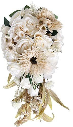 Fouriding Hochzeit Bouquet für Braut, Wasser Tropfen Wasserfall Braut künstliche Blumen Bouquet für Zeremonie Jahrestag Braut Dusche Party Hochzeit Dekoration (Cremefarbene Rosen)