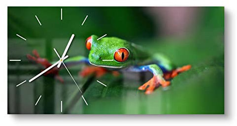 DEQORI Glasuhr | vertikal 60x30 cm | Motiv Grüner Frosch im Laub | große XXL Design Uhr aus Glas | leise Wanduhr für Wohnzimmer & Küche | moderne Hingucker Uhr für die Wand