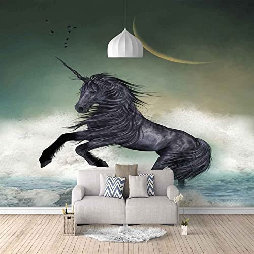 Fototapete 3D Effekt Schwarzes Einhorn Tapeten 3D Effekt Vliestapete Wohnzimmer Schlafzimmer Wandbilder Wanddeko