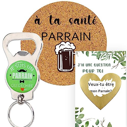 Décapsuleur Parrain+ Dessous de verre Parrain cadeau fête des parrains Carte a gratter Idée Cadeau Demande “Veux-tu être Mon Parrain” Annonce Naissance avec Enveloppe