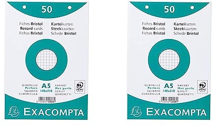 Exacompta - Réf. 12608E - Paquet de 50 fiches bristol quadrillées 5x5 perforées, sous film, compatibles avec imprimante jet d'encre, laser et photocopieur, format 148 x 210 mm, couleur blanc, Lot de 2