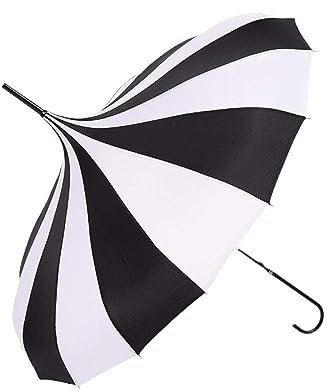 fikujap Schwarz-weiß gestreifter Pagodenschirm 16 Reihen gerader Regenschirme mit langem Griff, kreativer winddichter Regenschirm 84cm,Schwarz