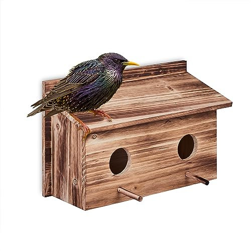Relaxdays Nistkasten für Stare, natürliches Tannenholz, 2X Einflugloch 5 cm, Sitzstange, Vogelhaus zum Aufhängen, Natur, 1 Stück